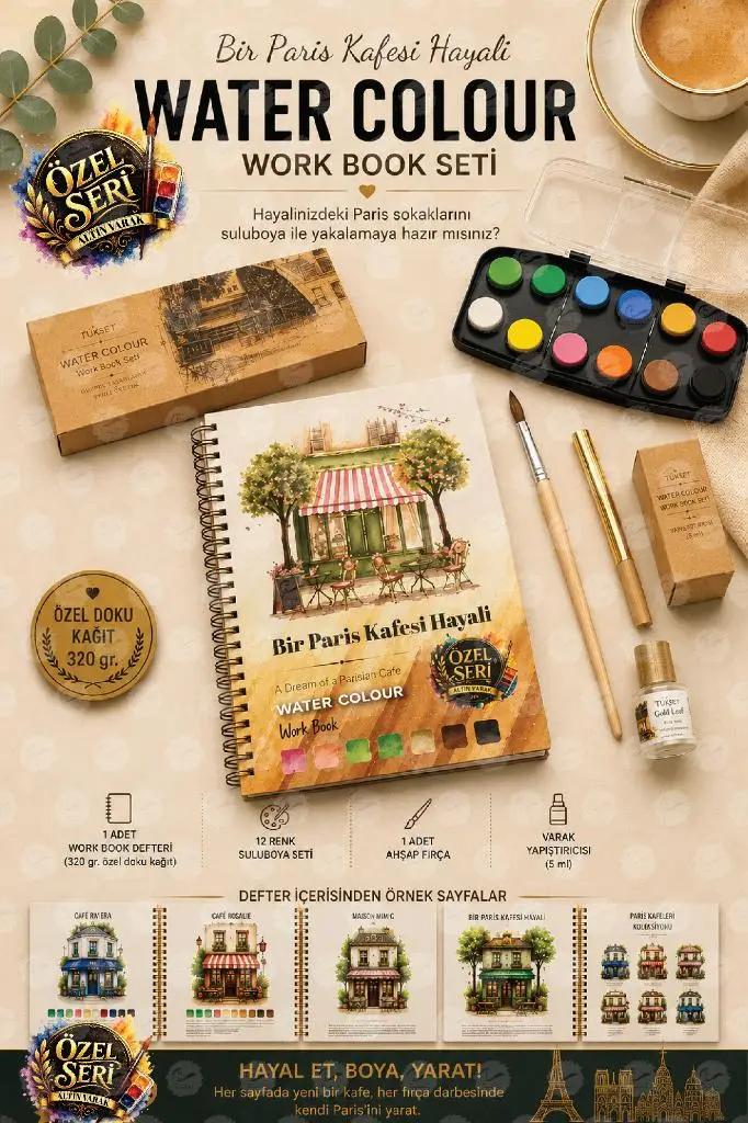 Premium Yönlendirmeli Sulu Boya Hobi Seti Watercolor Workbook Defter Bir Paris Kafesi Hayali(tutkal,yaldız ,boya hediyeli)-T1585