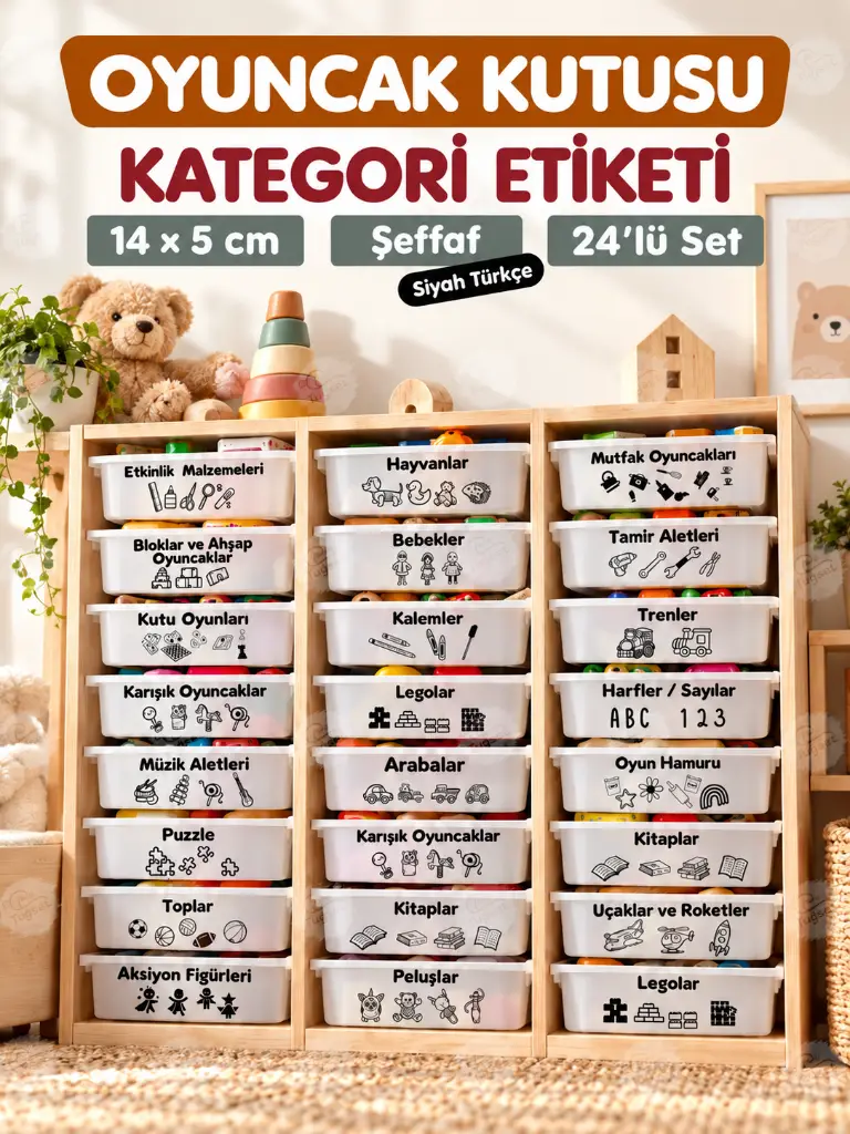 Oyuncak Dolabı Kutusu Kategori Etiketi Türkçe, Organizer Etiketi Şeffaf Etiket Düzenleme Organizer Siyah-T942