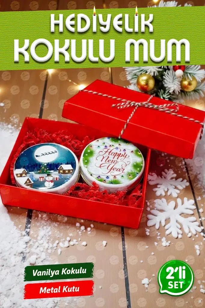 Yılbaşı Hediyelik Metal Kutu Kokulu Mum 2'li Set No:1 christmas gift candle-T1104 - No:4