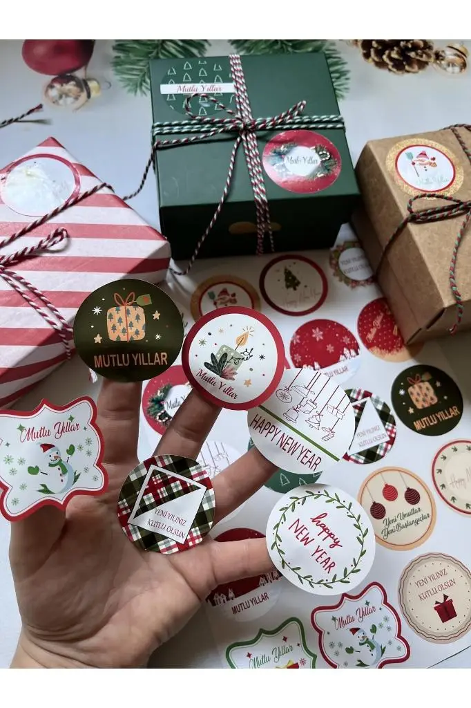 Yılbaşı Sticker Seti 40 Adet, 5 cm – Mutlu Yıllar | Tuğset